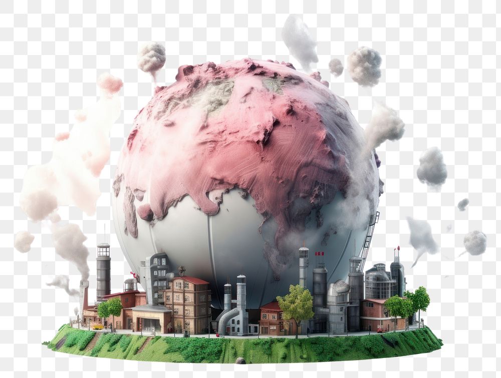 PNG  Polluted globe with factory smoke architecture city waterfront. AI generated Image by rawpixel.