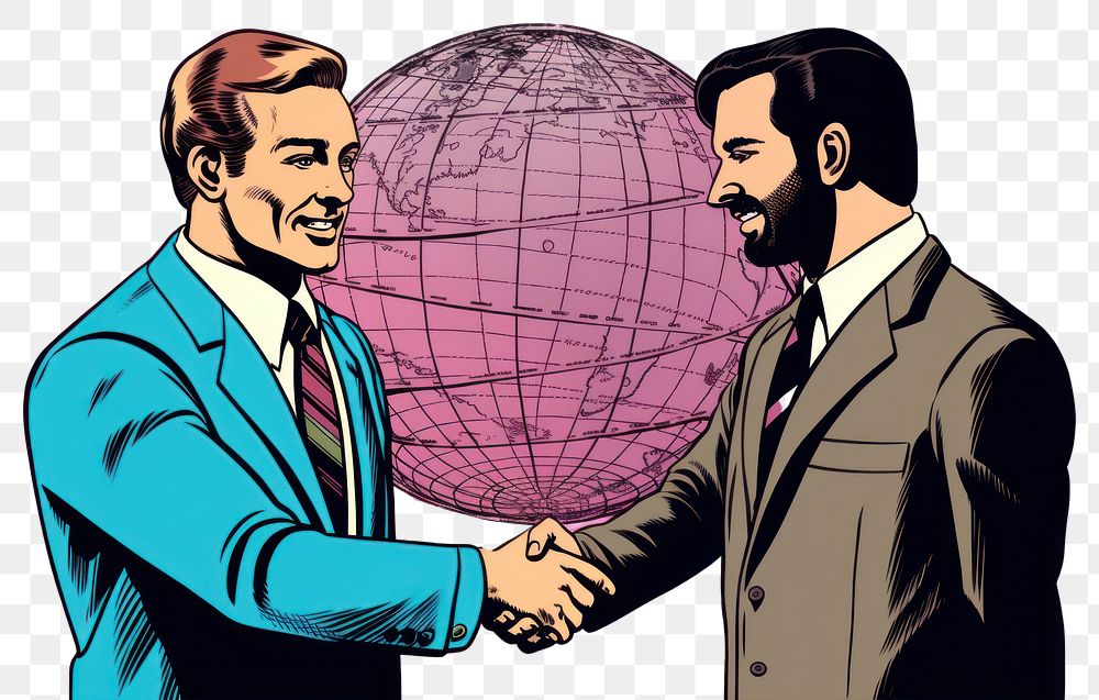 PNG  Two businessmen shaking hands in front of a grid globe adult togetherness businesswear. AI generated Image by rawpixel.