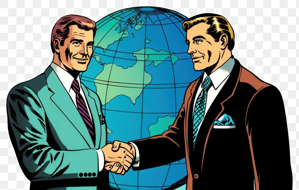PNG  Two businessmen shaking hands in front of a grid globe adult togetherness businesswear. AI generated Image by rawpixel.