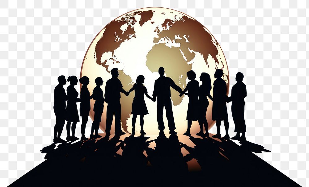 PNG  Silhouette of people holding hands around a globe togetherness planet cooperation. AI generated Image by rawpixel.