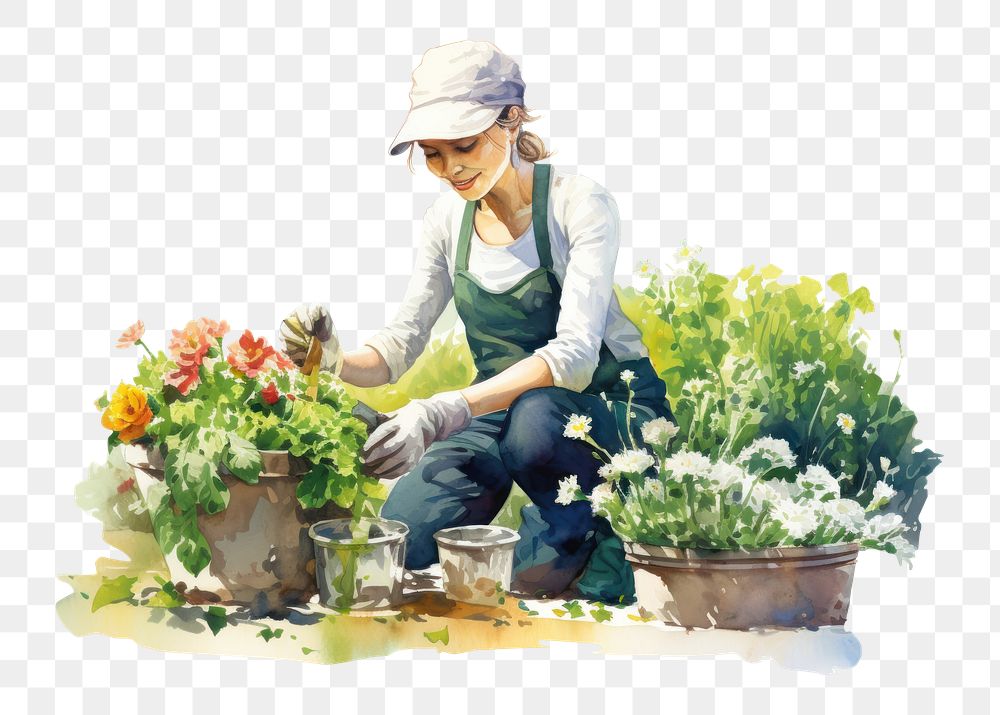PNG Woman doing her garden gardening outdoors flower. AI generated Image by rawpixel.