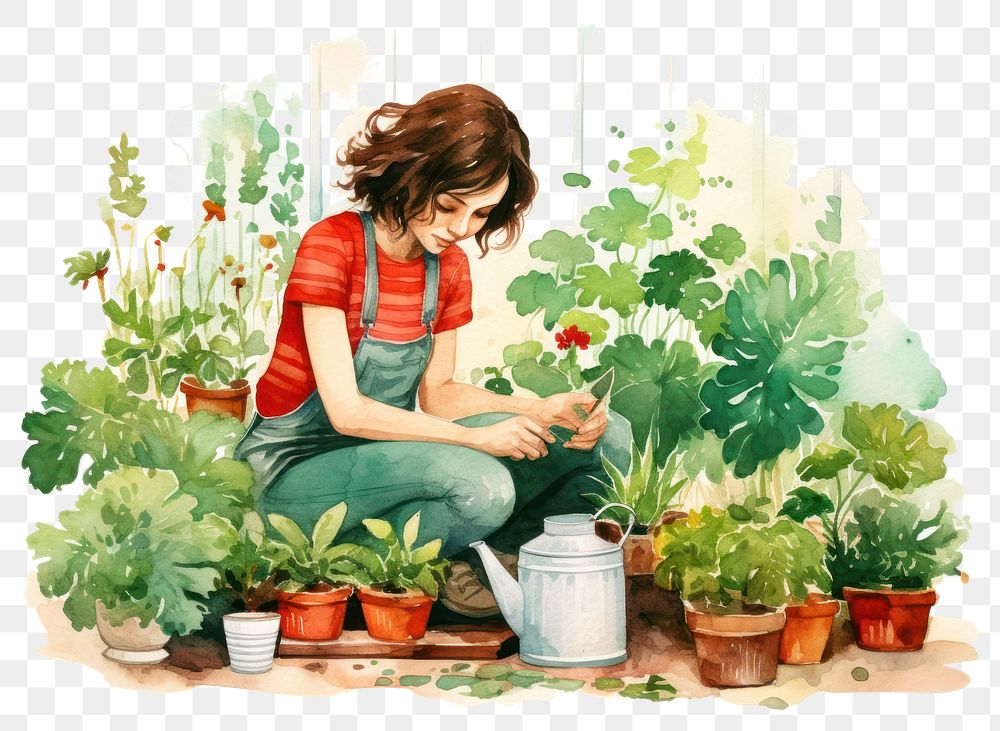 PNG  Woman doing her garden gardening cartoon adult. AI generated Image by rawpixel.