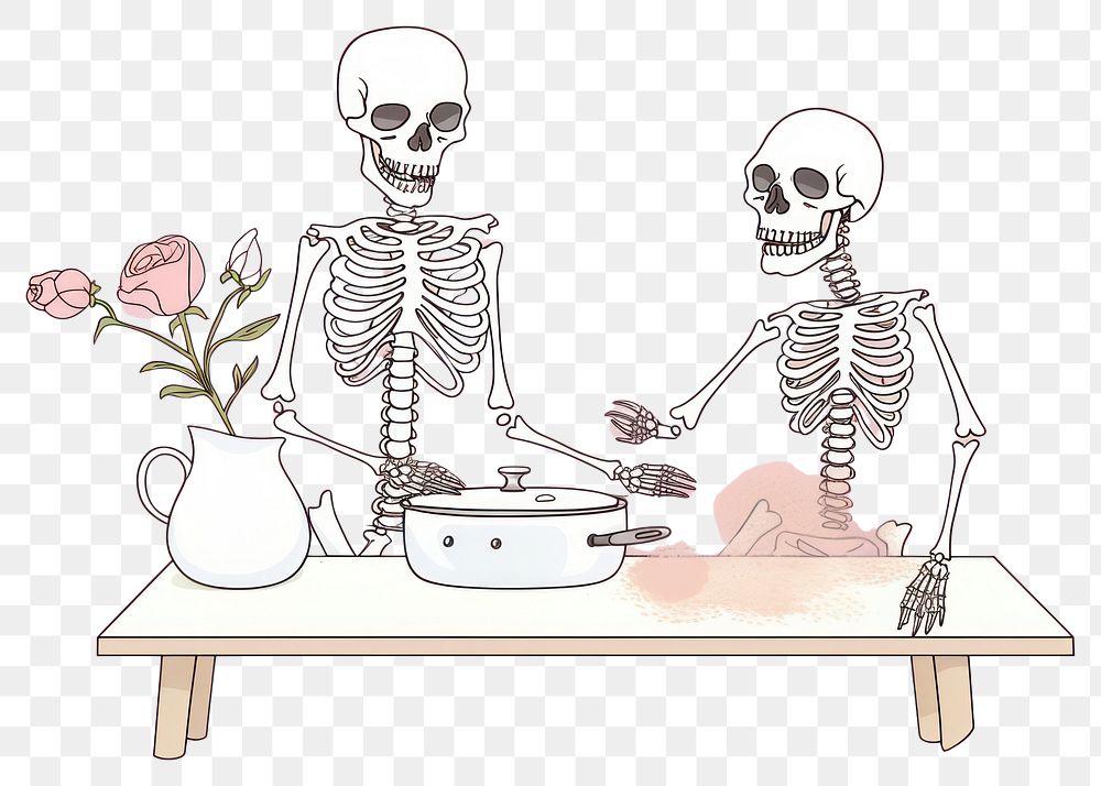 PNG Skeleton cooking cartoon drawing sketch. AI generated Image by rawpixel.