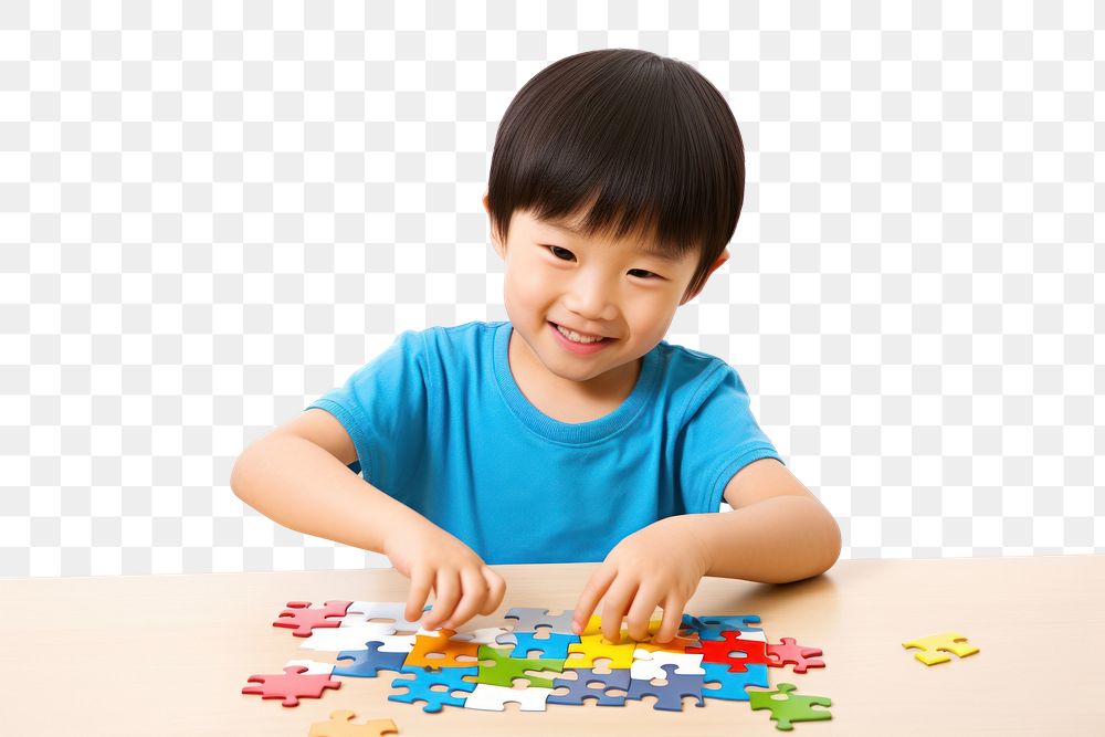 PNG Happy korean kid puzzle child white background. AI generated Image by rawpixel.