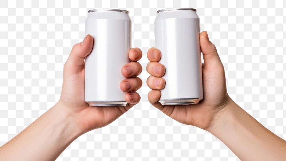 PNG Two hands clinking white aluminium beer cans drink white background refreshment. AI generated Image by rawpixel.