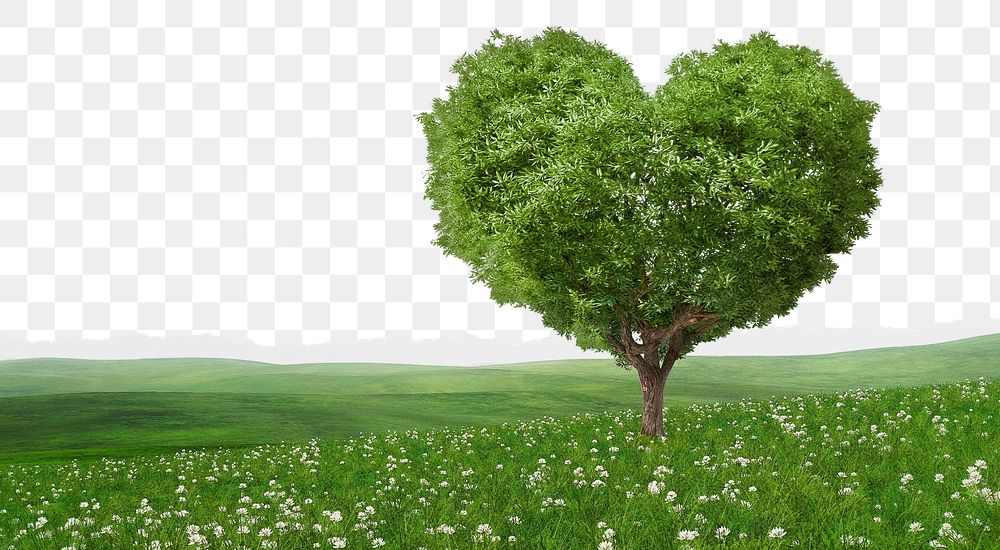 Green heart tree png border, torn paper design, transparent background