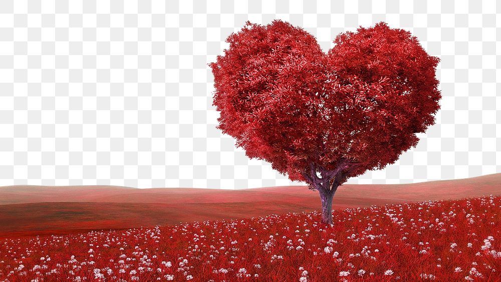 Red heart tree png border, transparent background