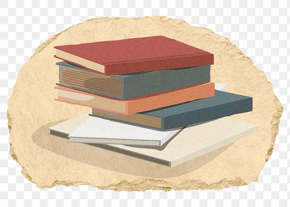 Stacked books png education sticker, ripped paper on transparent background