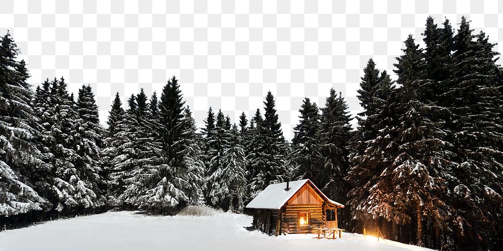Winter pine forest png border, wooden cabin image, transparent background