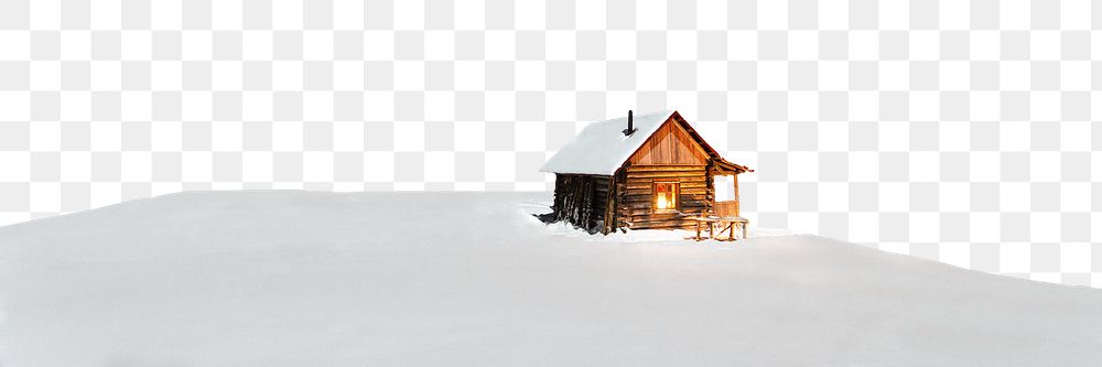 Winter cabin png border, snowy land image, transparent background