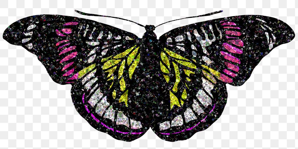 Dark glittery png butterfly sticker, aesthetic illustration, transparent background.  Remixed by rawpixel