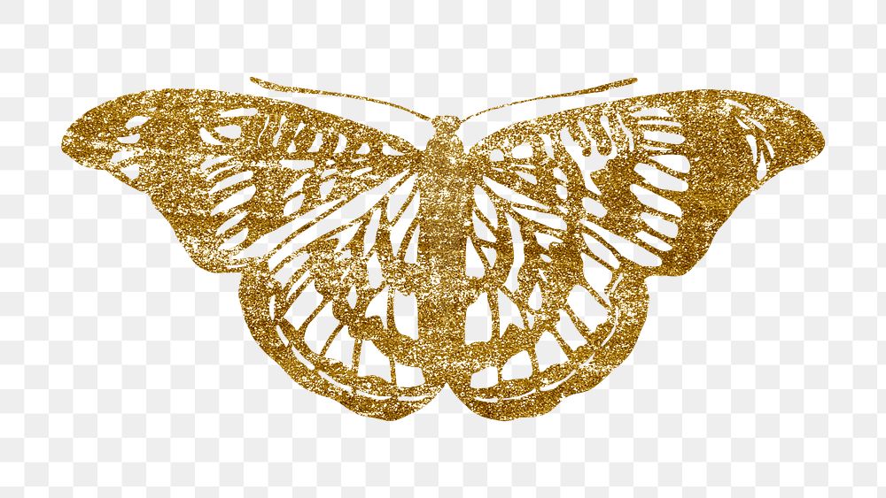 Gold butterfly png sticker, glittery aesthetic design, transparent background. Remixed from the artwork of E.A. Séguy.