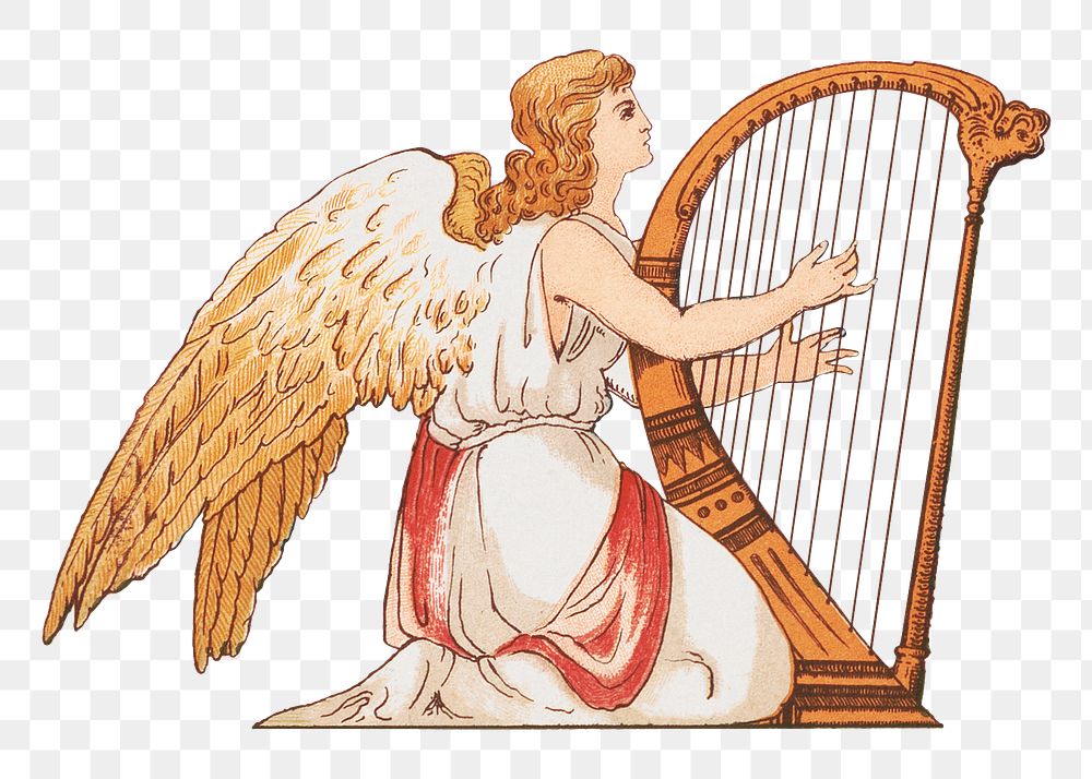 PNG Angel playing harp, vintage illustration, transparent background.  Remixed by rawpixel. 