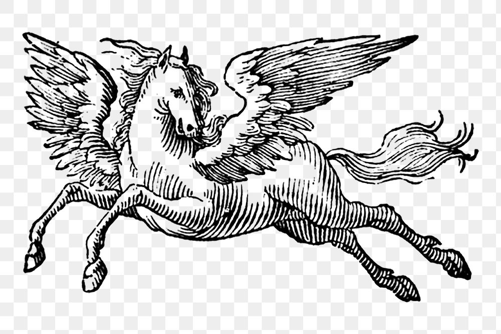 Png Woodcut of Pegasus from a 1715 title page collage element, transparent background