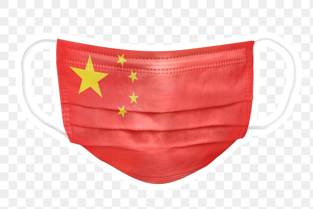 PNG Chinese flag face mask sticker with  white border transparent background
