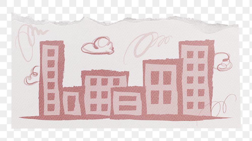 Office buildings png doodle sticker, aesthetic ripped paper design on transparent background