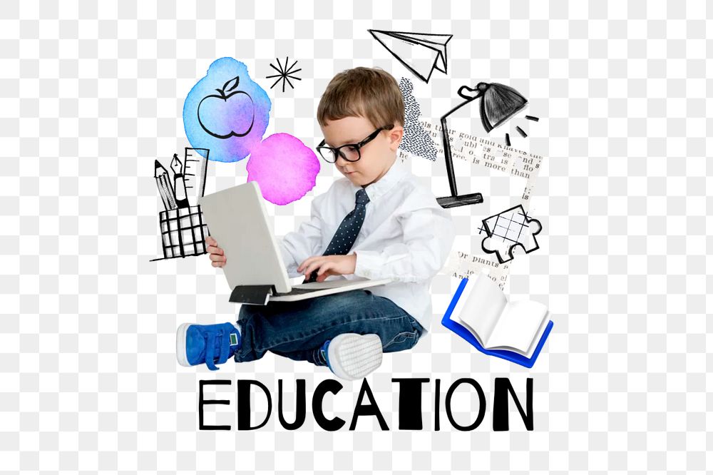 Education word png, boy using laptop remix, transparent background