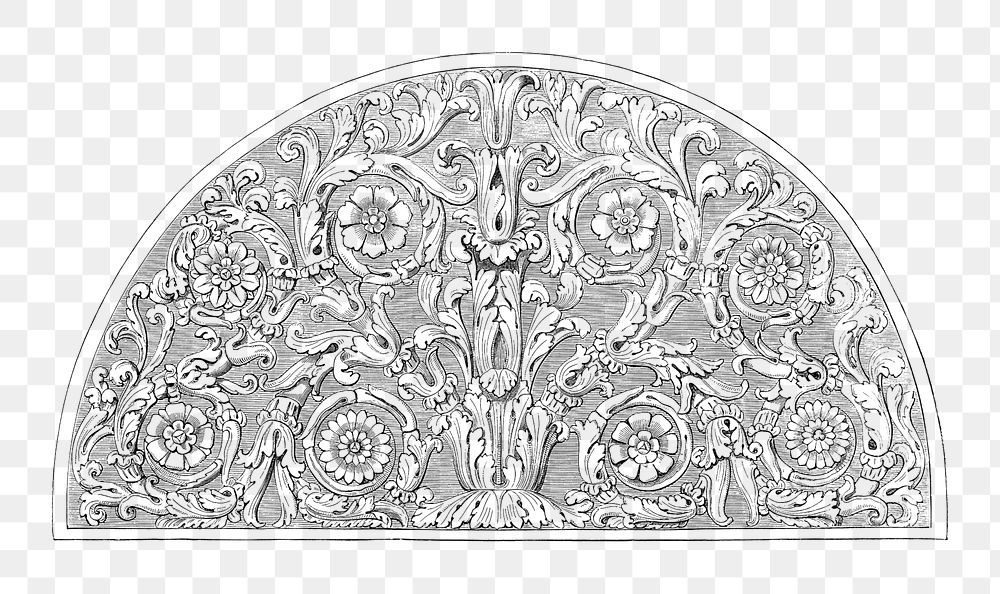 PNG antique semicircle floral ornament, transparent background