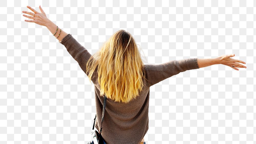 Carefree woman png cut out, raising arms on transparent background
