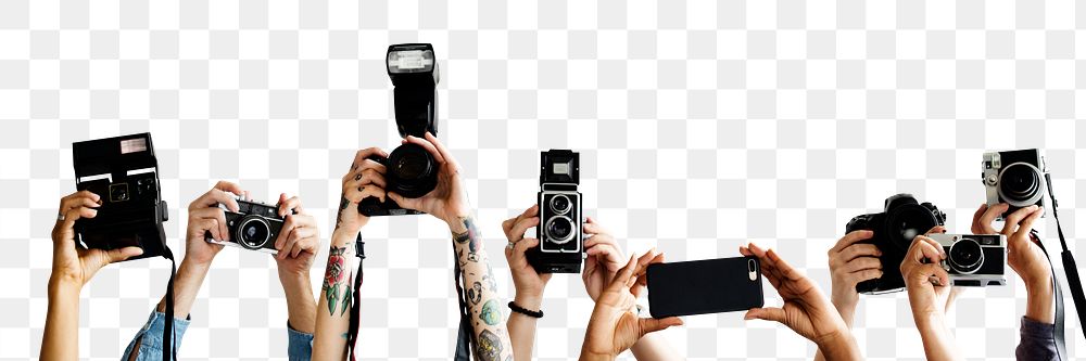 Paparazzi crowd png cut out, holding cameras on transparent background