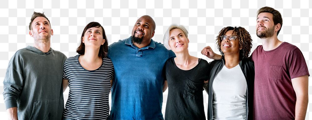 Diverse people png cut out, looking up, transparent background