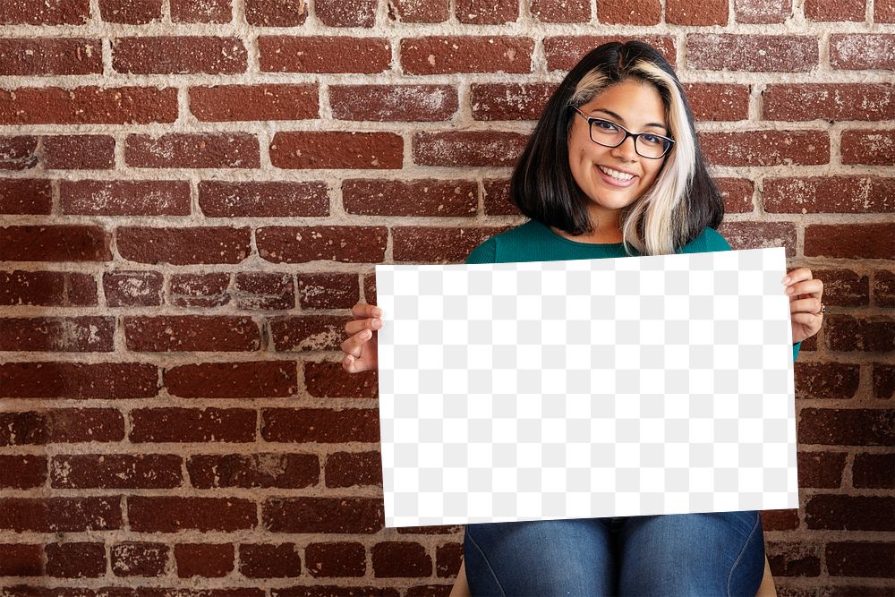 Hispanic girl showing an empty paper transparent png