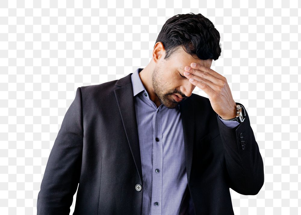 Stressed businessman touching his head transparent png