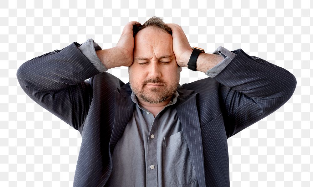 Stressed aged businessman touching his head transparent png