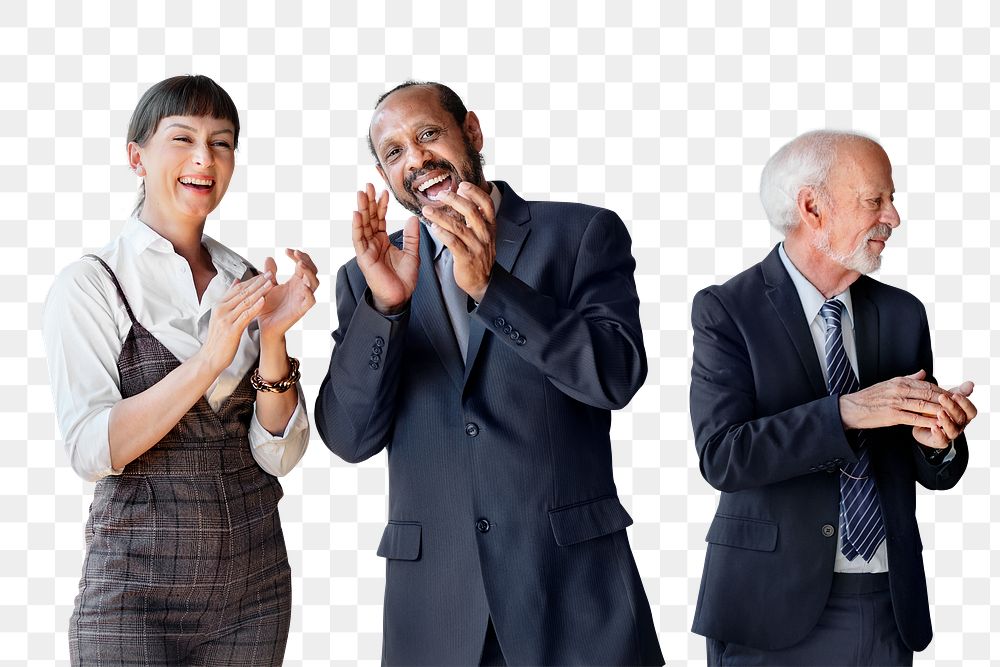 Senior business png people clapping, celebrating success, transparent background
