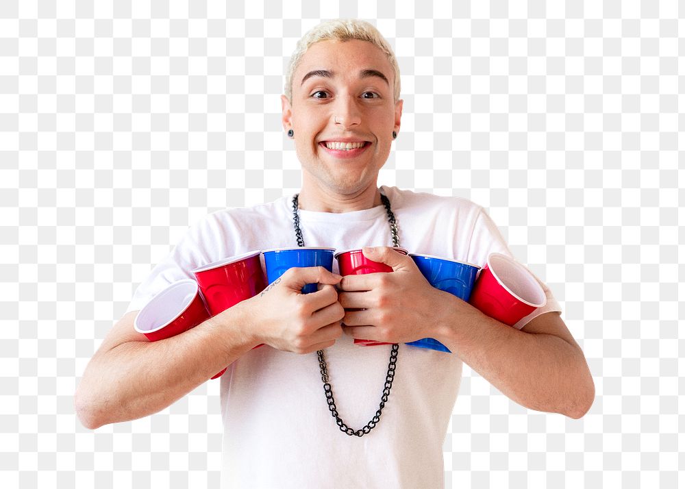 Cheerful young man holding cups transparent png