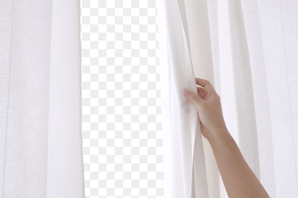 Hand opening a white curtain design element