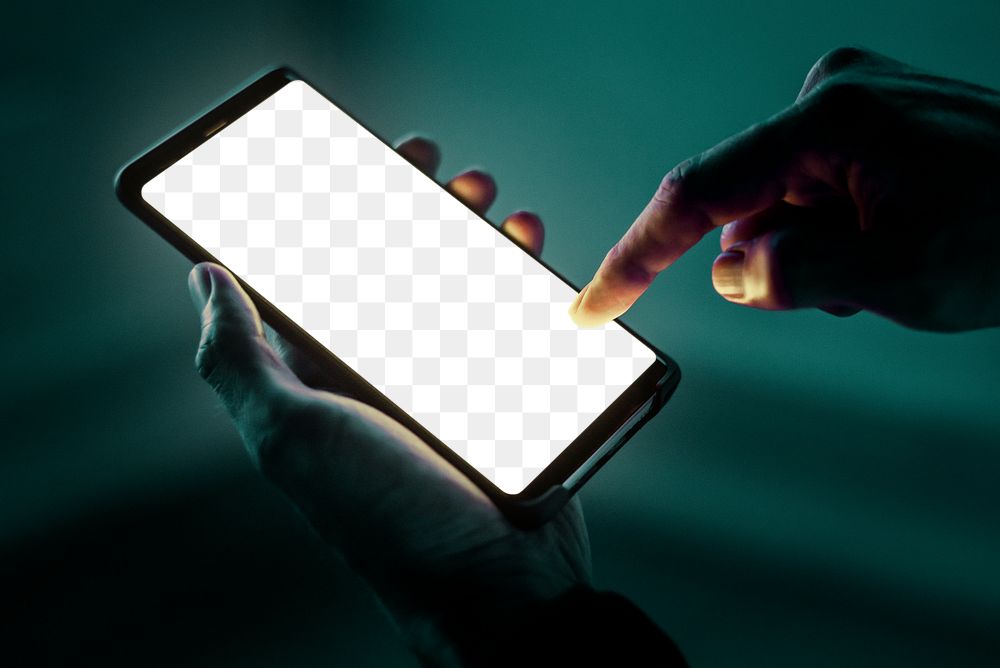 Transparent phone screen mockup png in the dark