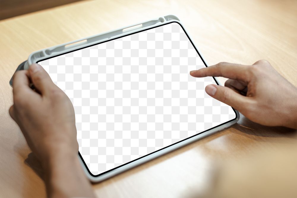 Transparent tablet screen mockup png on a wooden table