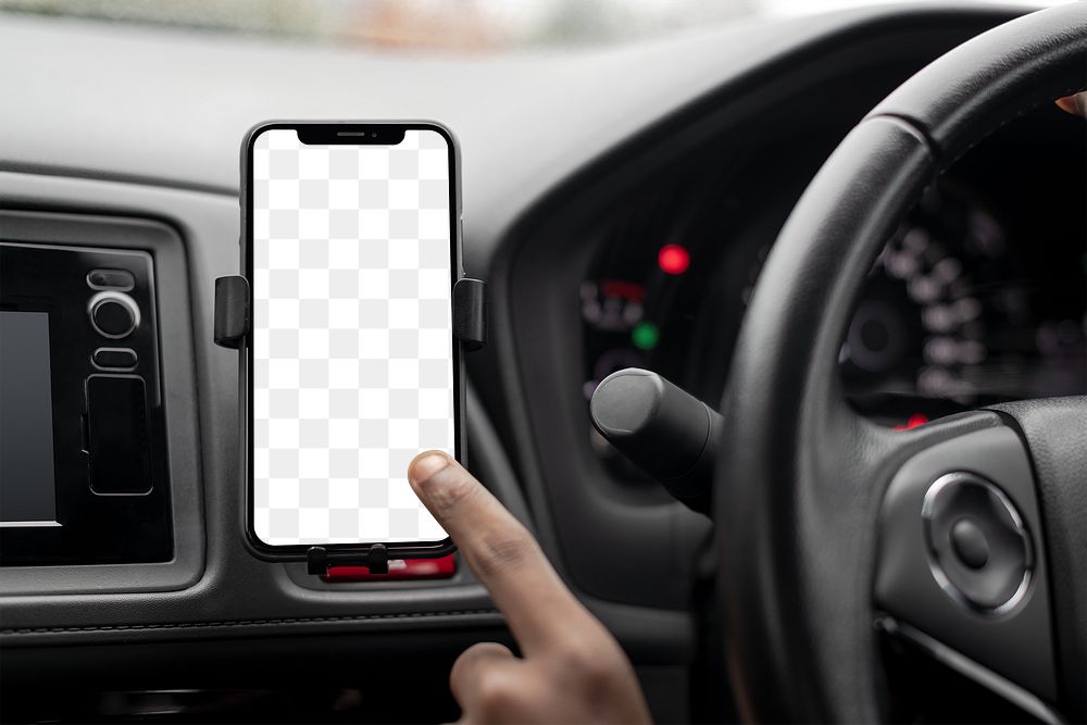 Transparent phone screen mockup png in a smart car