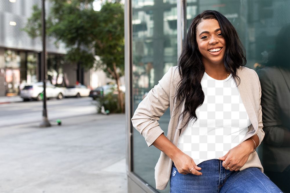 Png women&rsquo;s tee apparel mockup under beige blazer on a woman in business casual style