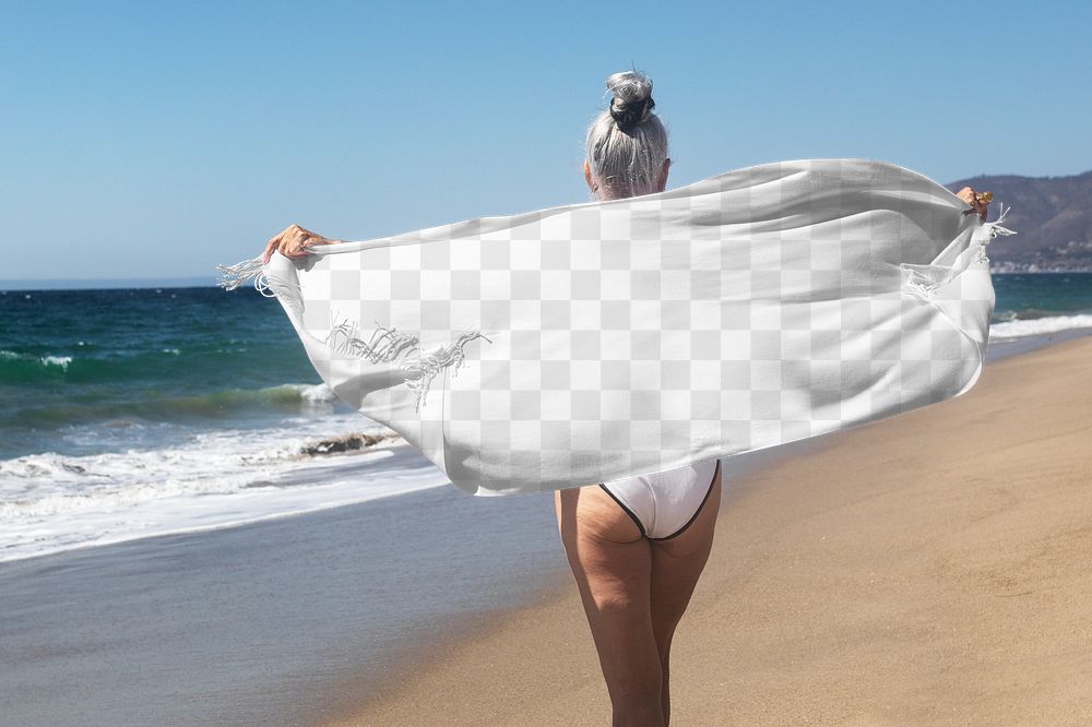 Png scarf transparent mockup with woman on the beach