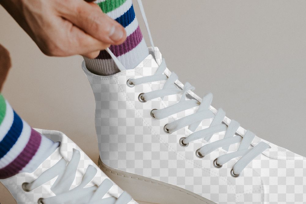 Man tying shoelaces png high top sneaker