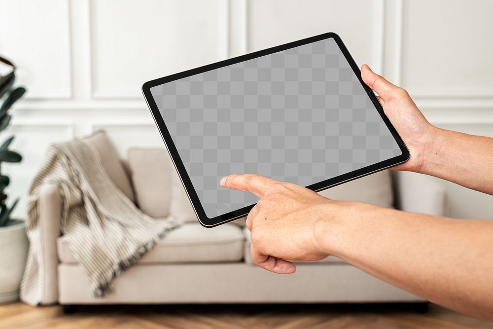 Tablet screen png mockup with sofa background