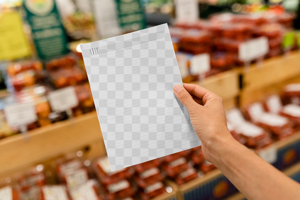 Paper png mockup transparent, held by a woman doing grocery shopping