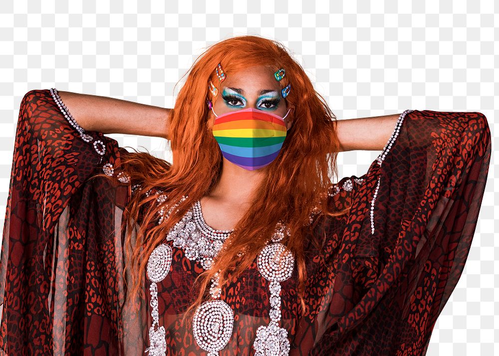 Drag queen png wearing rainbow face mask in the new normal