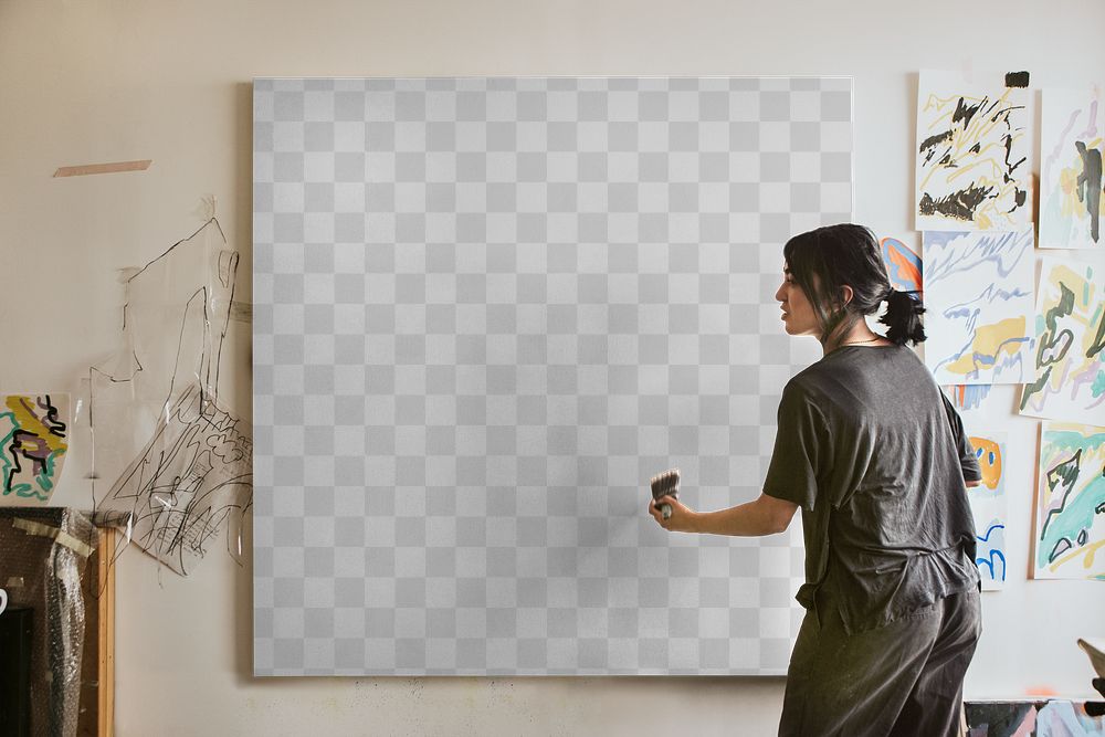 Canvas mockup png, woman artist painting on a transparent artwork 