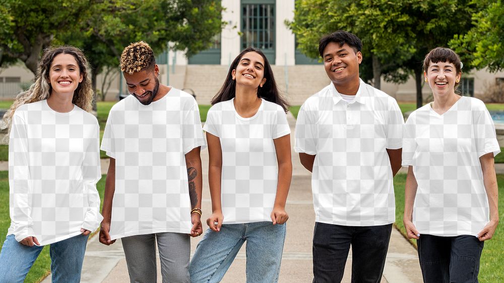 College apparel mockup png, transparent t shirt & long sleeve jumper