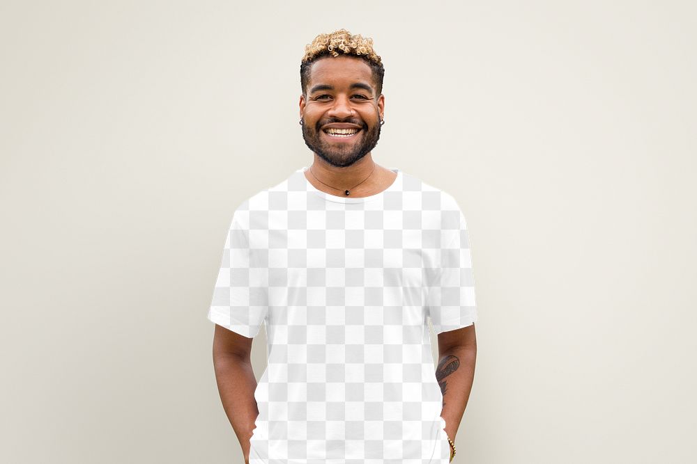 T shirt png mockup, transparent casual tee on a bearded man