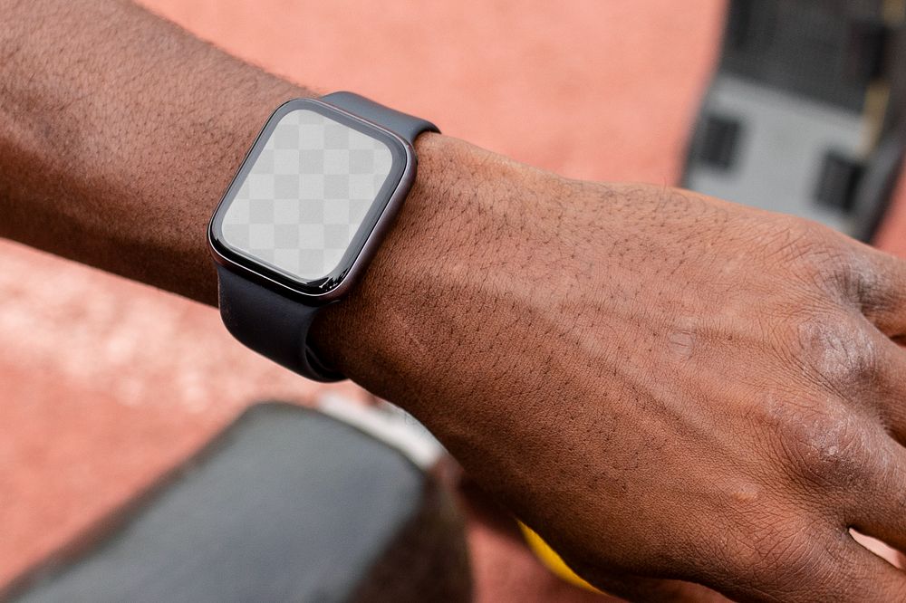 Blank smartwatch screen png transparent on a man's wrist 