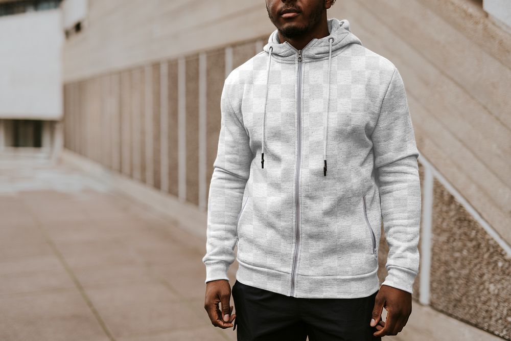 PNG men's zip up hoodie mockup, apparel fashion design
