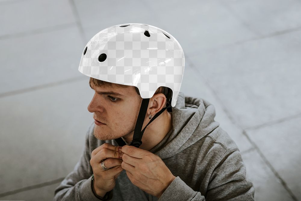 Helmet png mockup transparent, sports safety equipment, worn by skater