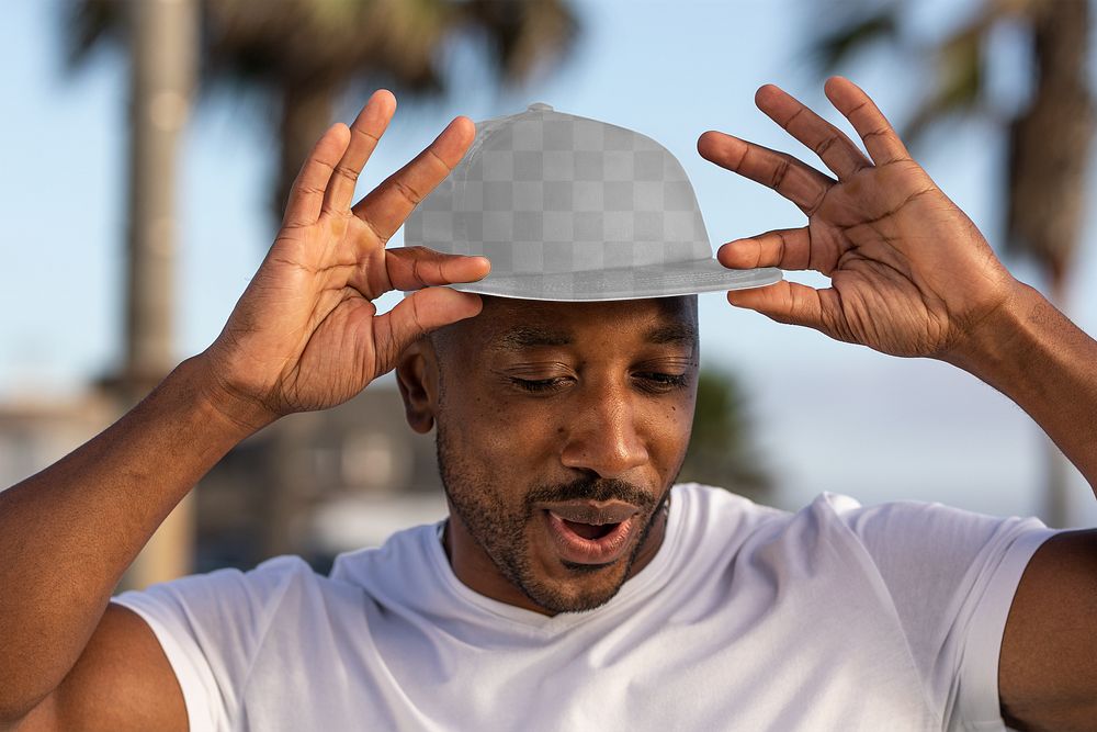Transparent cap mockup png, African American man with swag