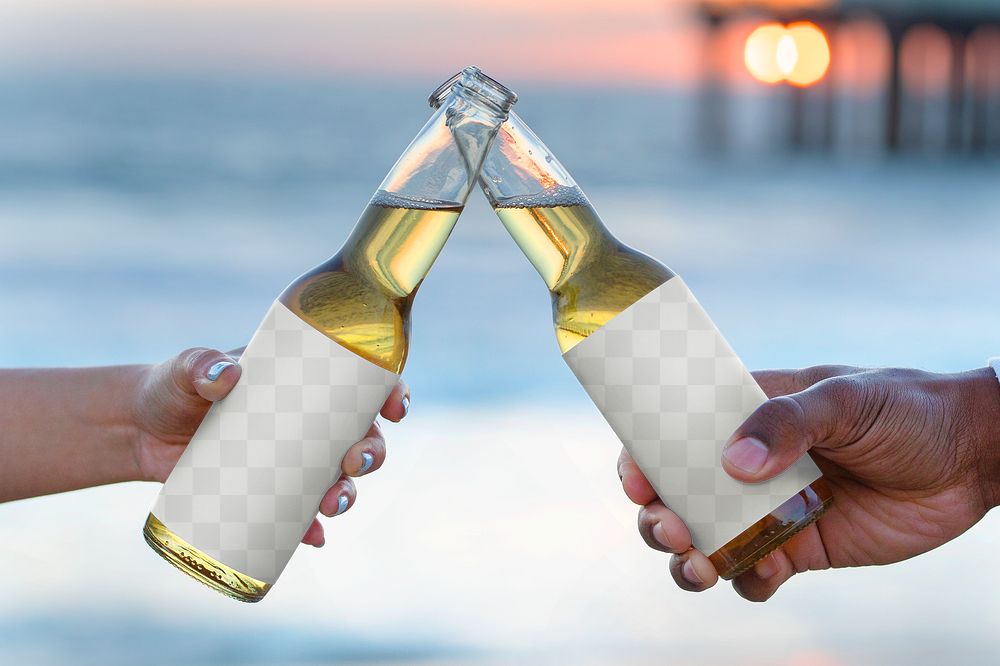 Beer bottle mockup png, transparent label, friends by the beach