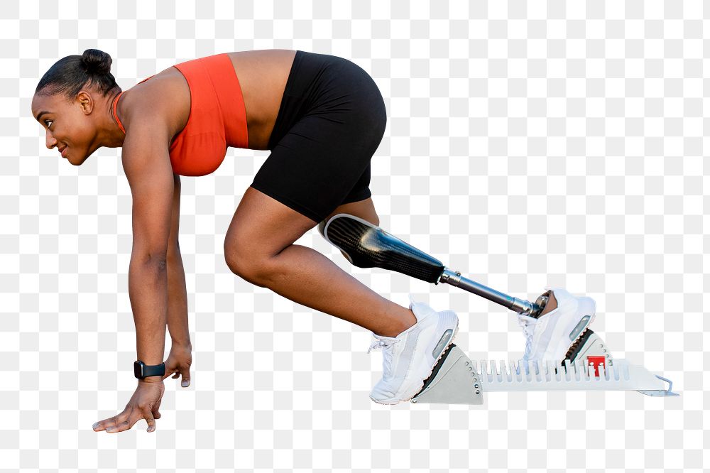 Paralympic athlete with prosthetic leg on transparent background