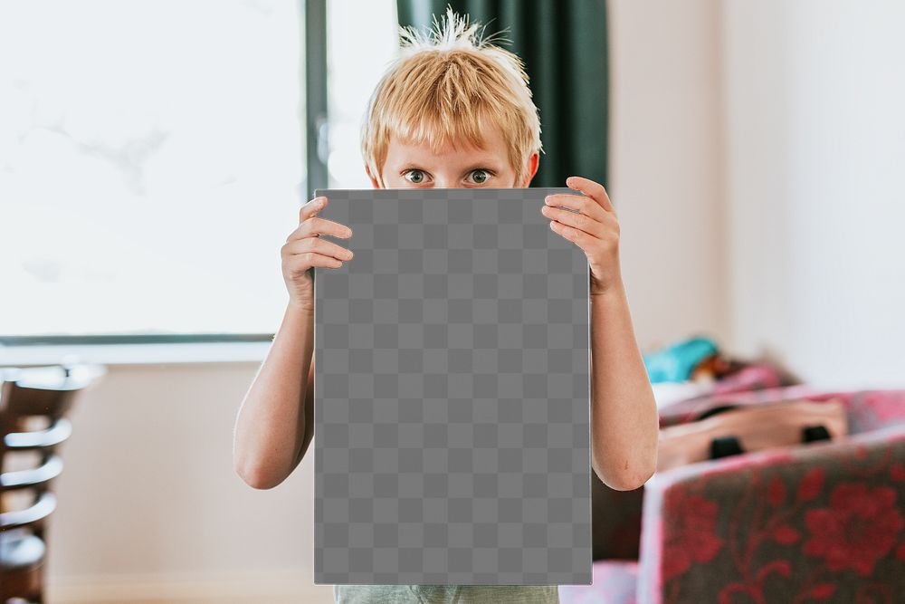 Sign png mockup, held by a boy, blank design space